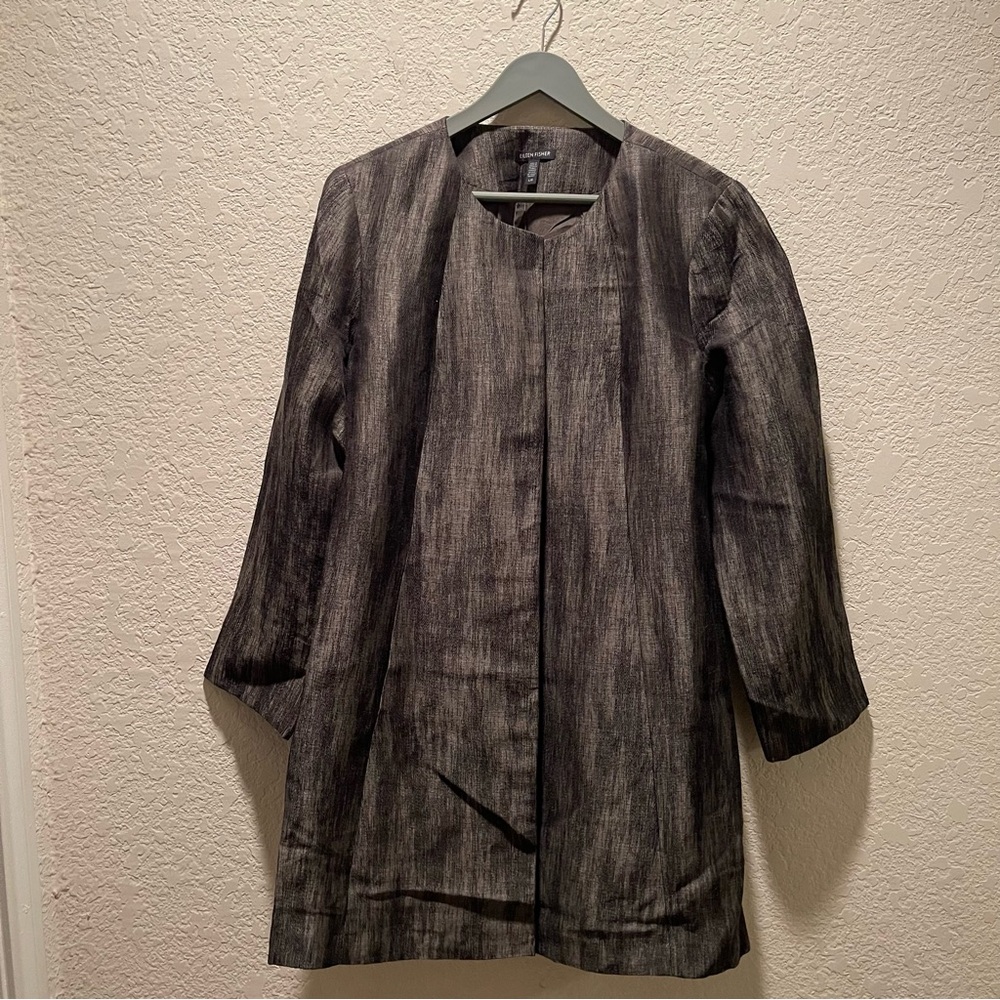 Eileen Fisher black and grey mix linen/silk/cotton blend open front duster